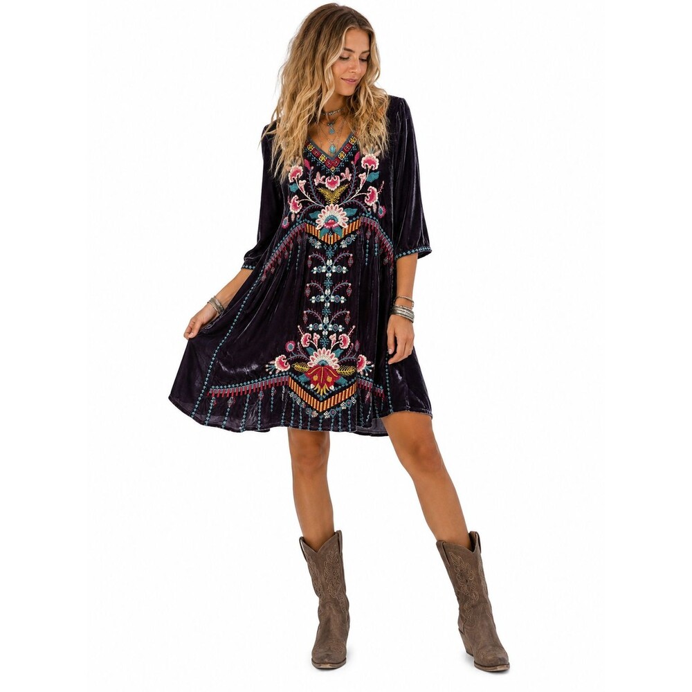Johnny Was Blue Velvet Embroidered Dress Size Medium Floral V-Neck Boho Artsy
